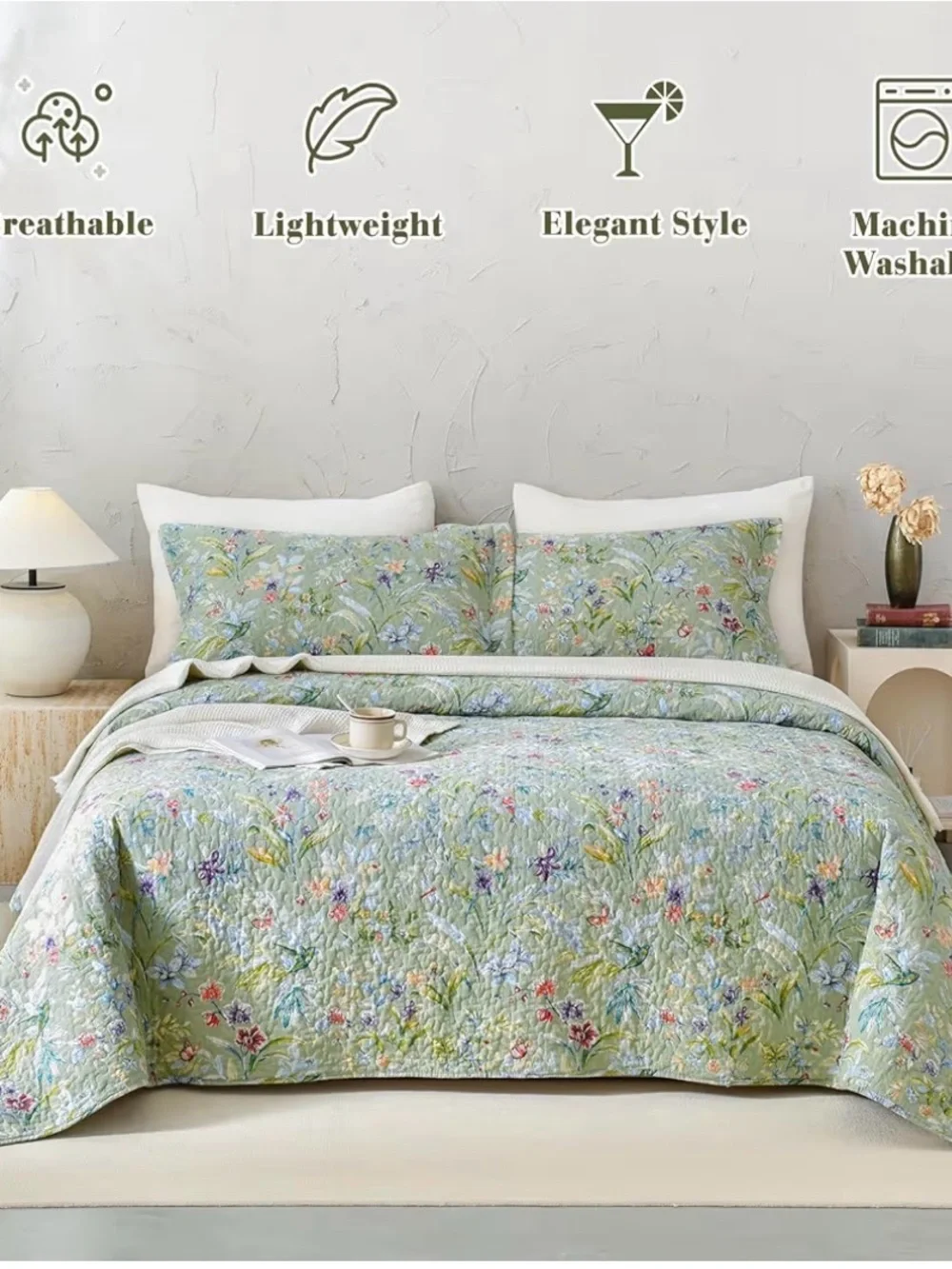 Floral Quilted Bedspread Set in Sage Green by QSH